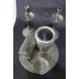 Two pewter candlesticks, seven pewter platters, pewter cigarette box, pewter coaster, wine cooler