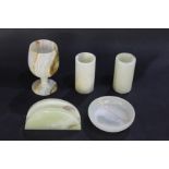 Collection of onyx objects, to include two vases, a dish, a rack and a goblet (AF)