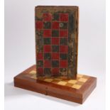 19th Century leather bound book effect chess board, together another folding chess board, (2)