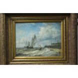 Coloured print after A. Hulk depicting sailing boats off a coastline, housed in a substantial