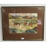 A watercolour by the artist Jan Wasilewski entitled, Cows by the Water, 34 cm x 24 cm (after the