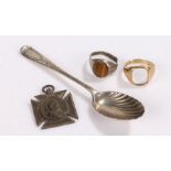 9 carat gold ring, AF, 2.7 grams, together with a spoon, ring and medal all AF, (4)