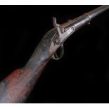 19th Century percussion rifle, steel hammer and plate with ram rod to the barrel, brass fittings