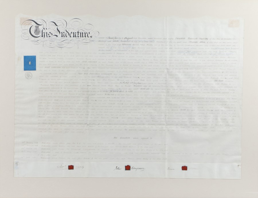 Indenture dated 1880, with three wax seals stamps to the lower section, in a dark stained frame, the