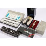 Parker pen set, cased, together with another cased pen and three cased wristwatches, (5)