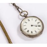 Silver open face pocket watch, with a chain section