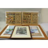 Two framed vintage comic pages, together with a print of a tram, and two framed watercolours, (5)