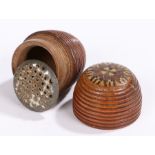 19th Century treen nutmeg grater, of egg form and an inlaid Tunbridge type lid unscrewing to the