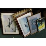 Six aircraft related prints to include depictions of a Meteor, Spitfires, a Dornier etc. (6)