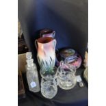 Collection of glass, to include a pair of 19th Century sweet meats, a pair of decanters and two