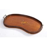 19th century mahogany tray, of kidney form, the central field with marquetry inlay depicting a