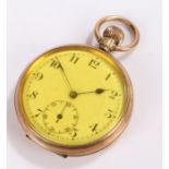 Gold plated open face pocket watch, the dial with Arabic numerals and subsidiary seconds dial, crown