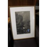 Black and white print, moonlit Thames scene with barges, housed in a gilt frame, the print 29.5cm