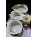 Three chamber pots and a stoneware hot water bottle, (4)