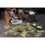 Works of art, to include two Royal Artillery carved tankards, horse brasses, Indian brass