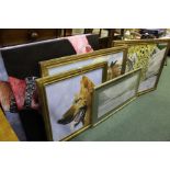 Large size oil paintings and a watercolour, clasped hands, leopard, wild horses, etc, (6)