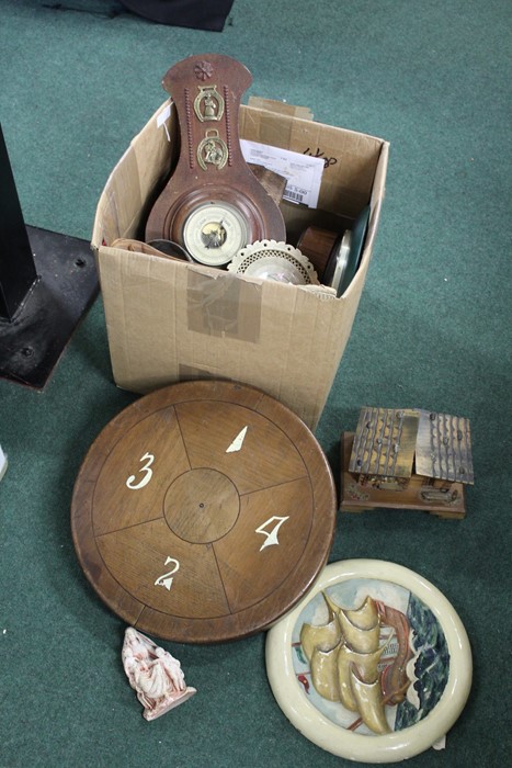 Barometer, mantel clocks, cribbage board, wooden games board etc (qty)