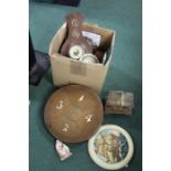 Barometer, mantel clocks, cribbage board, wooden games board etc (qty)