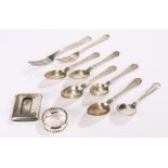 George III silver dessert fork, Edward VII silver napkin ring, five continental teaspoons,