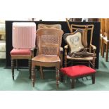 Cane back chair, oak armchair, dining chair, pole screen, two mahogany stools, Lloyd Loom laundry