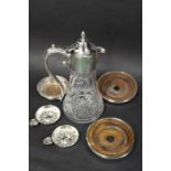 Silver plated and cut glass claret jug, together with coasters and two wine tasters, (6)