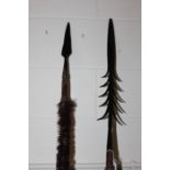 Two tribal spears with brush effect stems, one with barbed tip, the largest 221.5cm long (2)