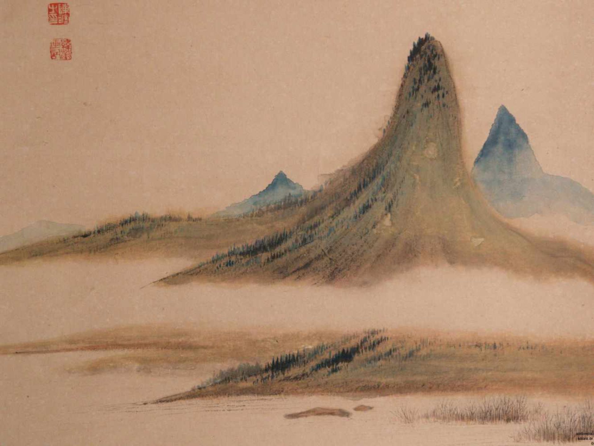 Chinesisches Rollbild - Tusche und Farbe auf Papier, Darstellung einer Seelandschaft mit - Bild 2 aus 6