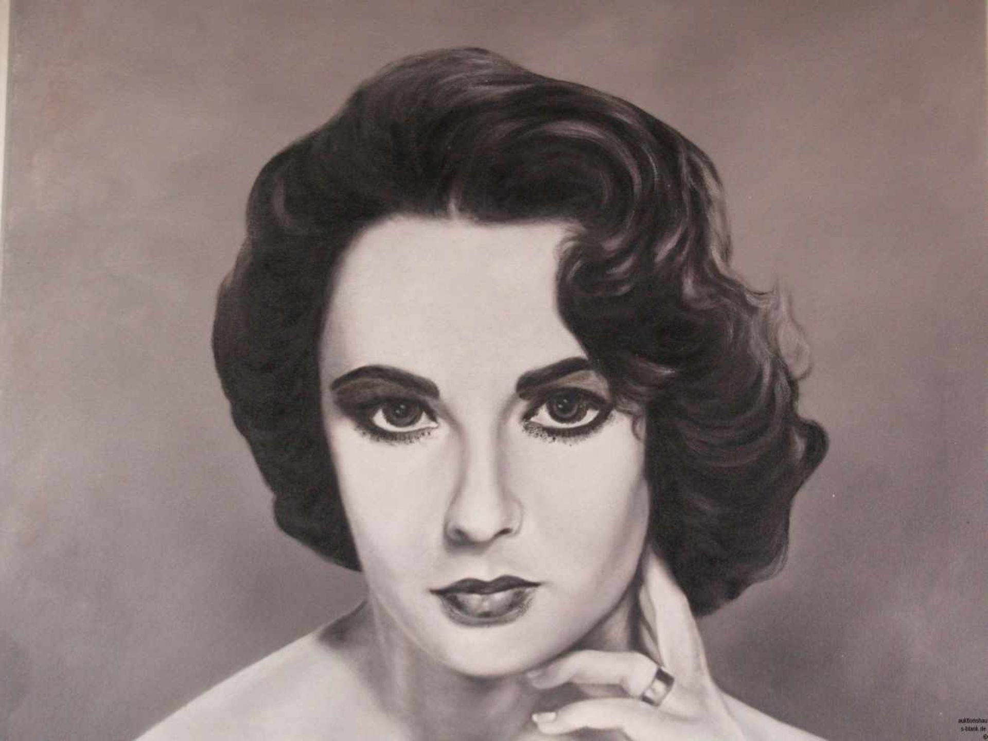 Unbekannt - "Liz Taylor", Öl auf Leinwand, schwarz/weißes Porträt der Schauspielerin Elizabeth - Bild 2 aus 7