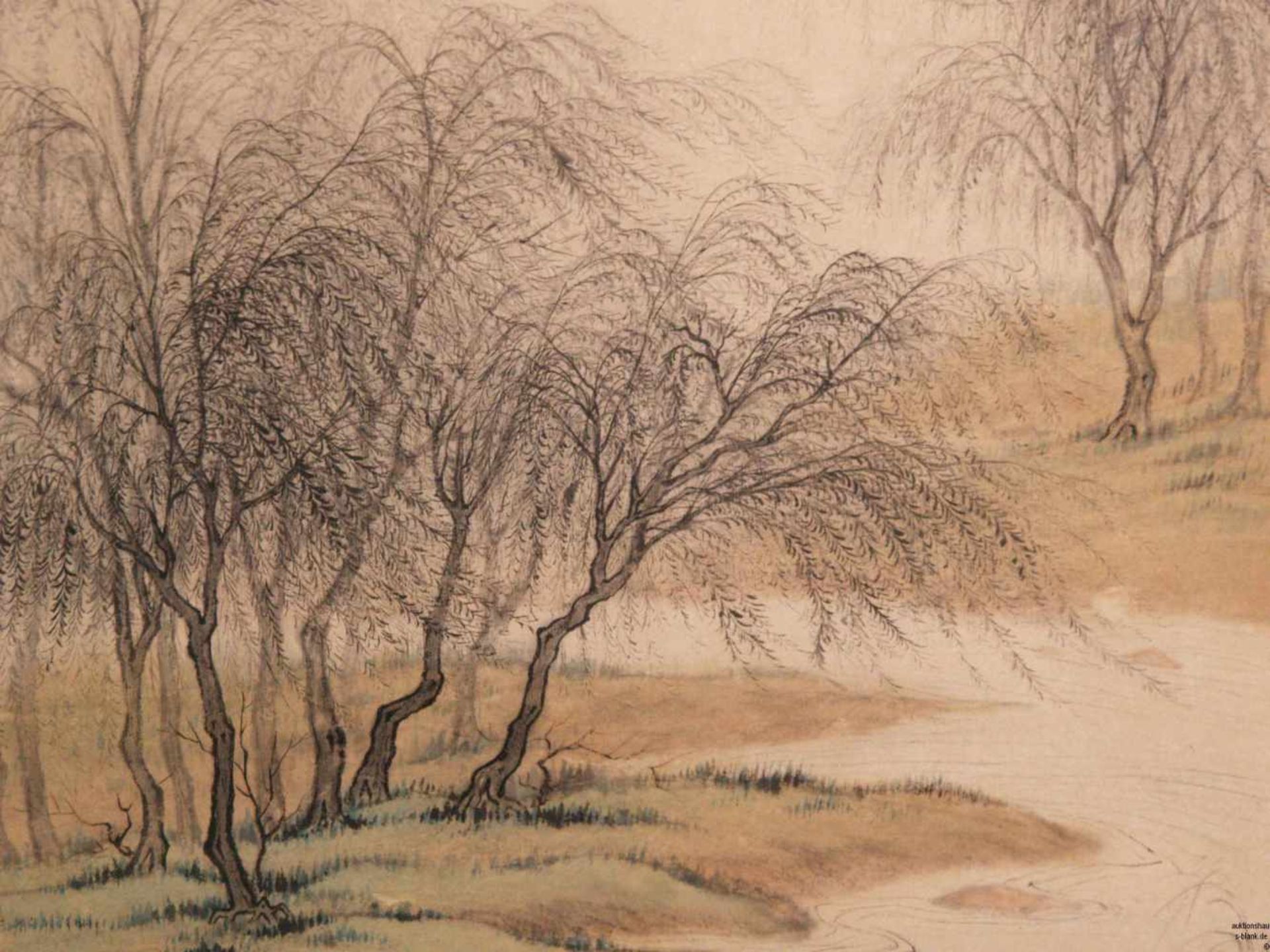 Chinesisches Rollbild - Tusche und Farbe auf Papier, Darstellung einer Seelandschaft mit - Bild 3 aus 6