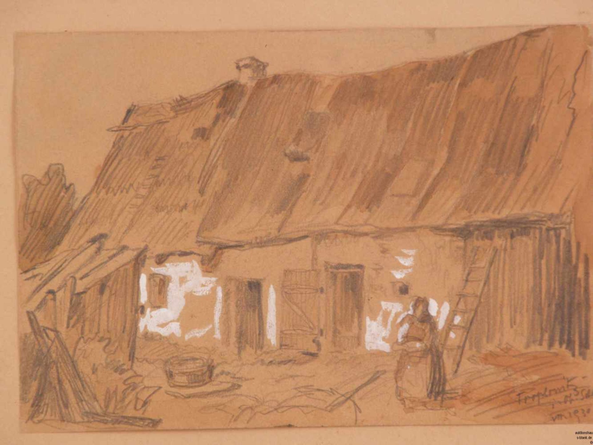 Landgrebe, H.(1887-1954) - Bäuerin vor Scheune, Aquarellfarbe über Bleistift, weiß gehöht, auf - Bild 2 aus 5