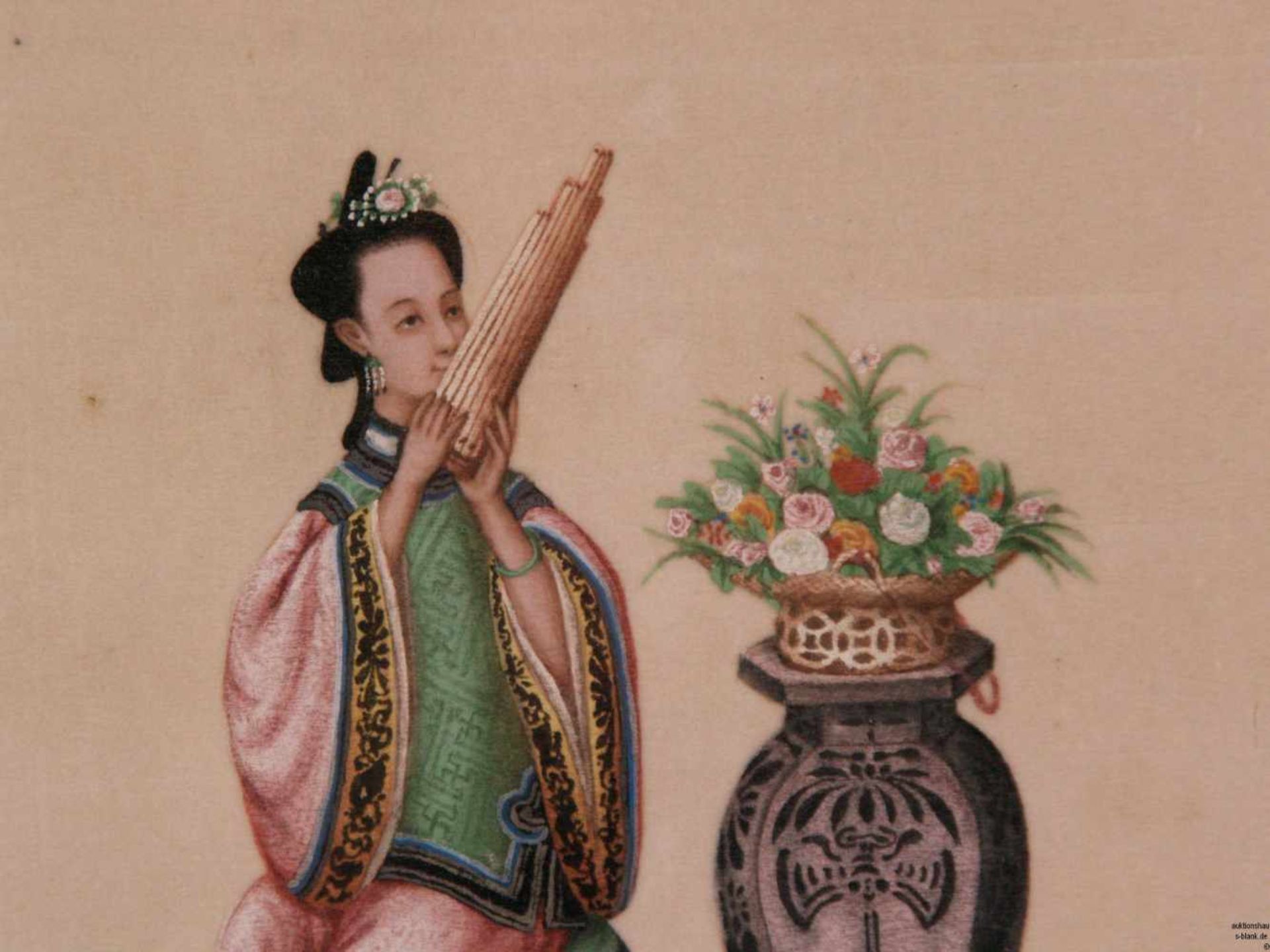 Zwei Darstellungen von Aristokraten - China, polychrome Pinselmalerei auf Reispapier, 1x Pfeife - Bild 6 aus 7