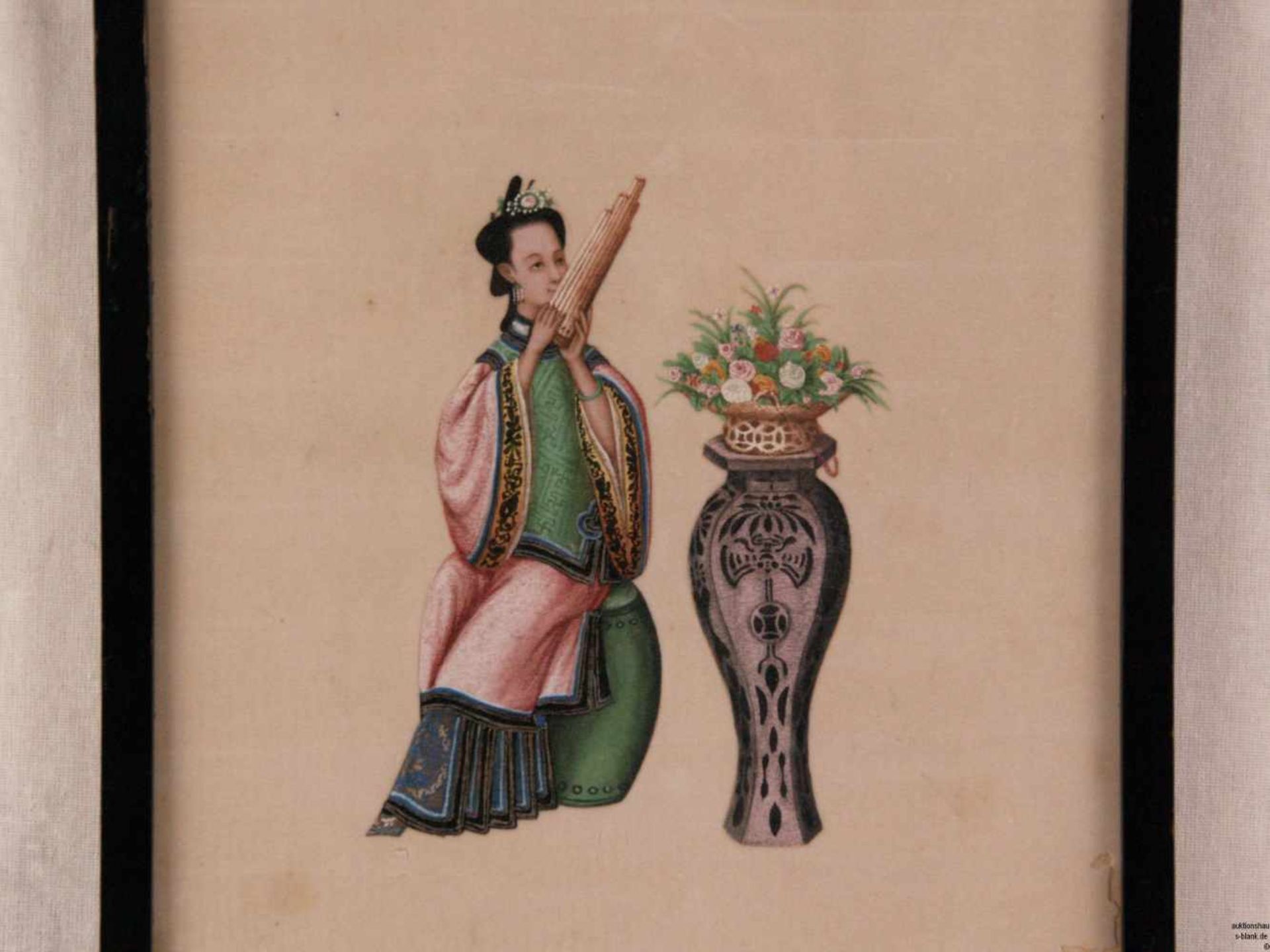 Zwei Darstellungen von Aristokraten - China, polychrome Pinselmalerei auf Reispapier, 1x Pfeife - Bild 5 aus 7