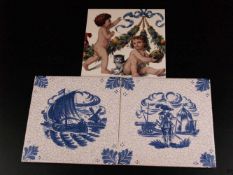 3 Kacheln - Keramik, Paar Kacheln mit blauem Dekor nach Delfter Art, mit stilisiertem Craquelé, ca.