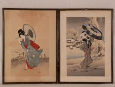Zwei Bijin-ga - japanische Farbholzschnitte, dargestellt jeweils eine junge Frau mit Schirm in
