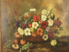 Grau,Irena (geb.1944 in Stuttgart) - Stillleben mit Blumenkorb und Obst, Öl auf Leinwand, unten