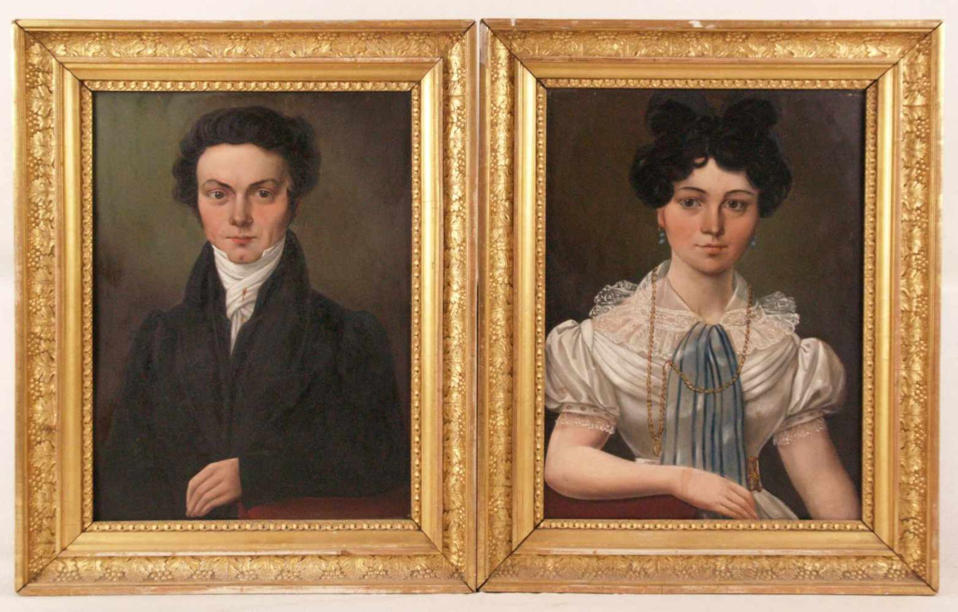 Paar Portraitpendants - "Junges Ehepaar",im Biedermeier-Stil, Öl auf Metallplatte,