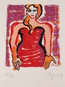 Bach, Elvira (geb. 1951 in Neuenhain) - Frau mit rotem Kleid, Farbserigrafie auf dünnem Karton,1998,