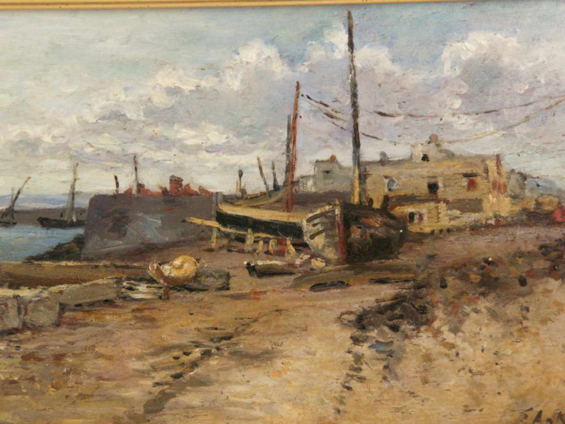 Ankelen,Eugen (1858-1942) - Zwei Ansichten von mediterranen Hafenorten, Öl auf Holzplatte, beide - Bild 4 aus 6