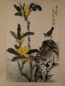 Rollbild - China 20.Jh., Tang Yun (1910-1993, nach?), Beerenzweig mit Käfer und Vogel auf Felsen,