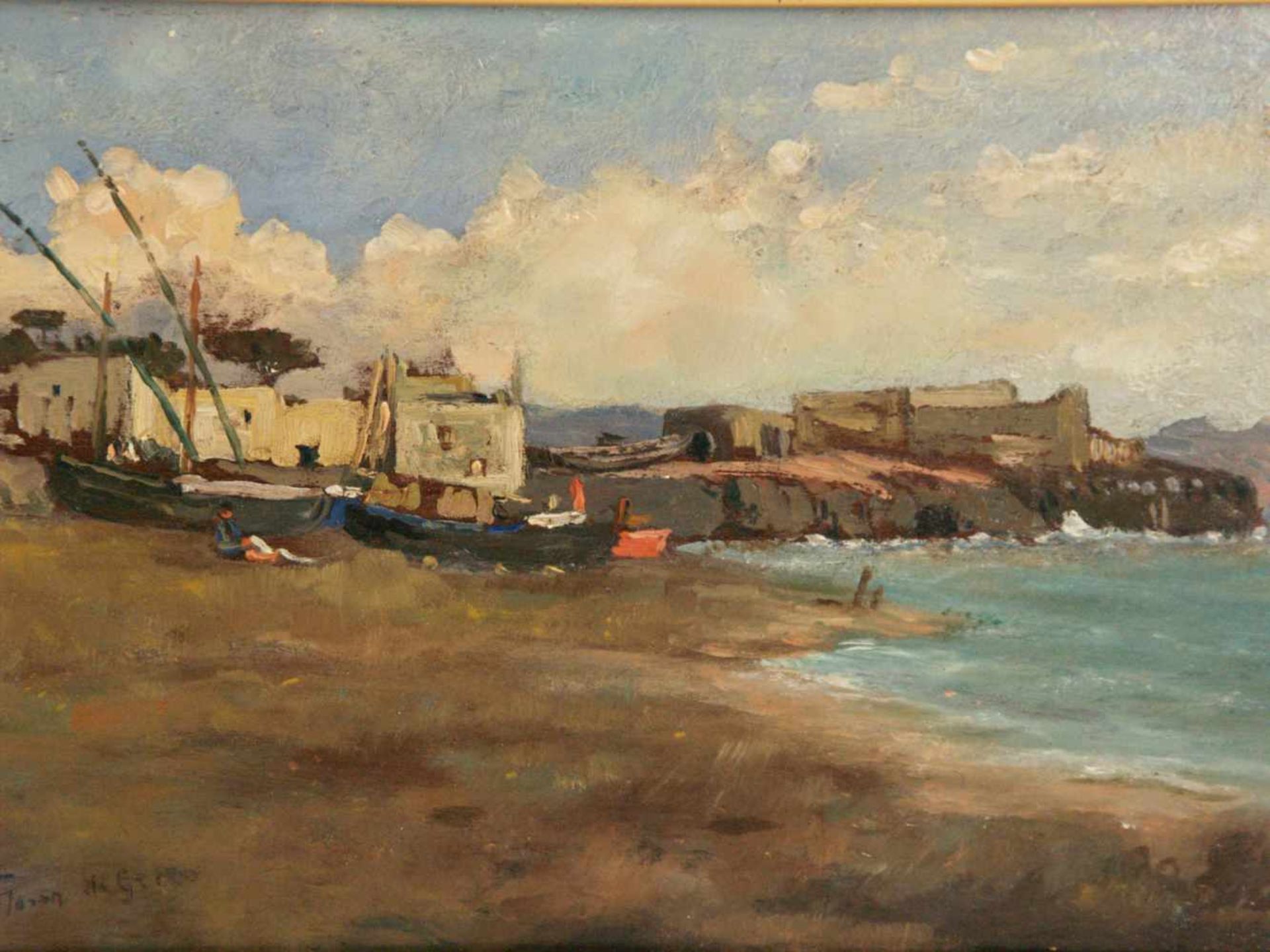 Ankelen,Eugen (1858-1942) - Zwei Ansichten von mediterranen Hafenorten, Öl auf Holzplatte, beide - Bild 2 aus 6