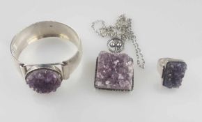 Design-Schmuckset - Unikat, Silber/ Amethyste, 3-tlg: Anhänger an Kette (Anhänger c.5cm, L(Kette):