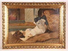 Unbekannt -frühes 20.Jh.- Junge Frau in Unterwäsche enspannt am Kamin liegend,die Arme lasziv