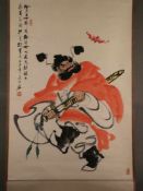 Chinesisches Rollbild - Tusche und Farben auf Papier, der Dämonenbezwinger Zhong Kui mit Fledermaus,