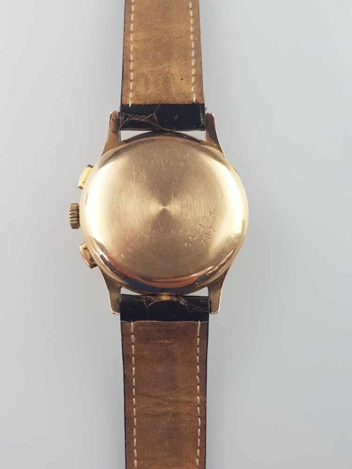 Herrenarmbanduhr - Breitling Schaltrad-Chronograph in Gelbgold 750/000, 1940-50er Jahre, Gehäuse, - Bild 5 aus 7
