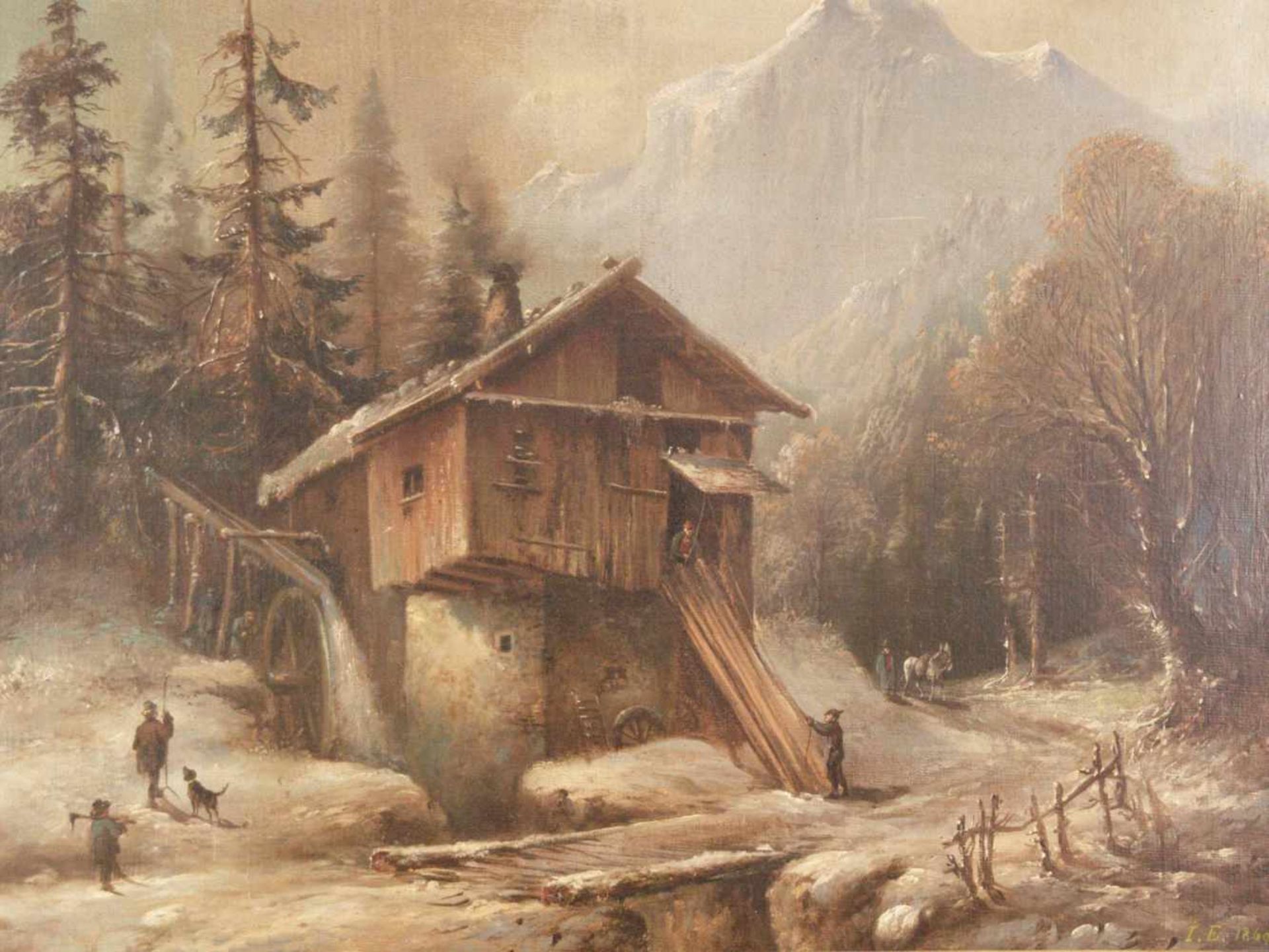 Monogrammist 19.Jh.- Schneebedeckte Gebirgslandschaft mit Holzmühle, Öl auf Leinwand,rechts unten - Image 2 of 14