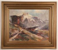 Anonym - Expressive Alpenlandschaft mit Gehöft und Bergmassiv im Hintergrund, Öl auf Leinwand,