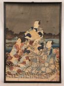 Utagawa Kunisada (1786-1865/ Toyokuni III) - Kabuki Szene mit drei Schauspielern, Farbholzschnitt,