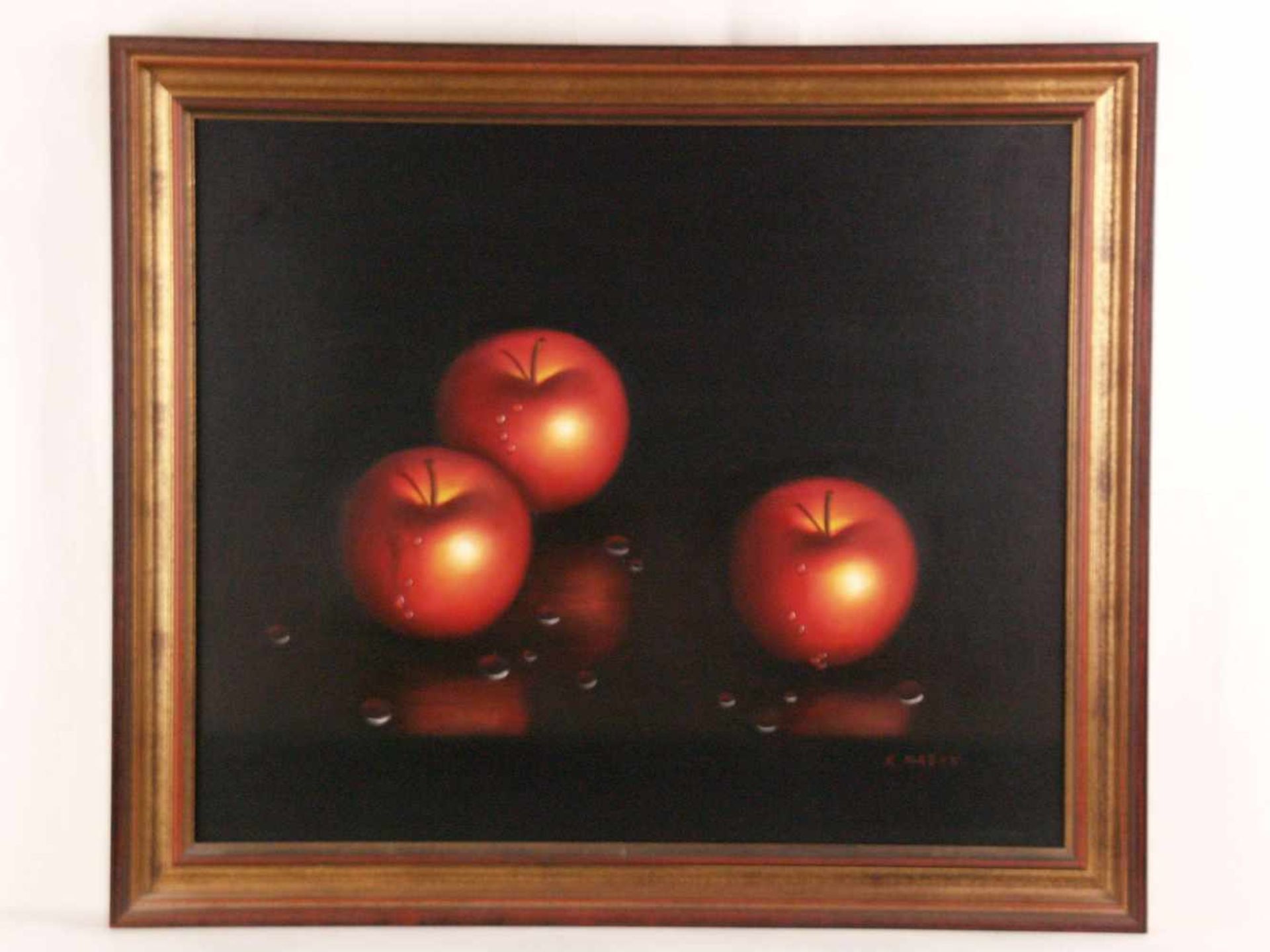 Mason, K. - Die Äpfel der Hesperiden/ Stillleben mit drei goldenen Äpfeln und Wassertropfen, Öl