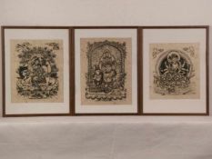 Drei Holzschnitte auf Pergamentpapier - partiell goldgehöht, 1x Avalokiteshvara auf dem