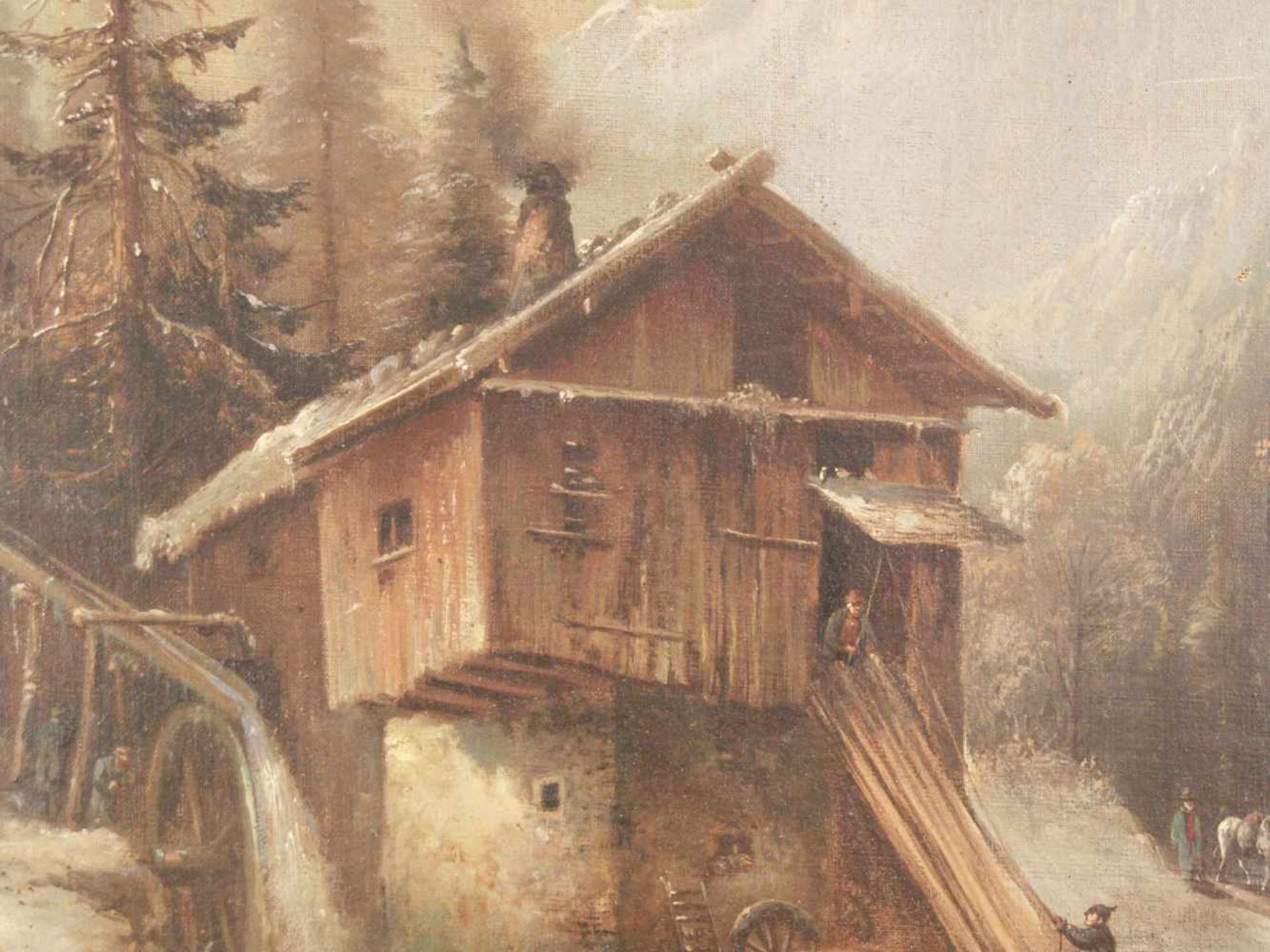 Monogrammist 19.Jh.- Schneebedeckte Gebirgslandschaft mit Holzmühle, Öl auf Leinwand,rechts unten - Image 3 of 14